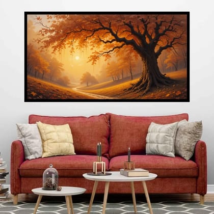 Luminary Amber Solace – Enchanted Autumn Tree Museum-Quality Cotton Canvas Art for Cozy Living Room Décor | Frame Size (127 X 69 Cm) | Frame Type (Black) | 5-Year Warranty