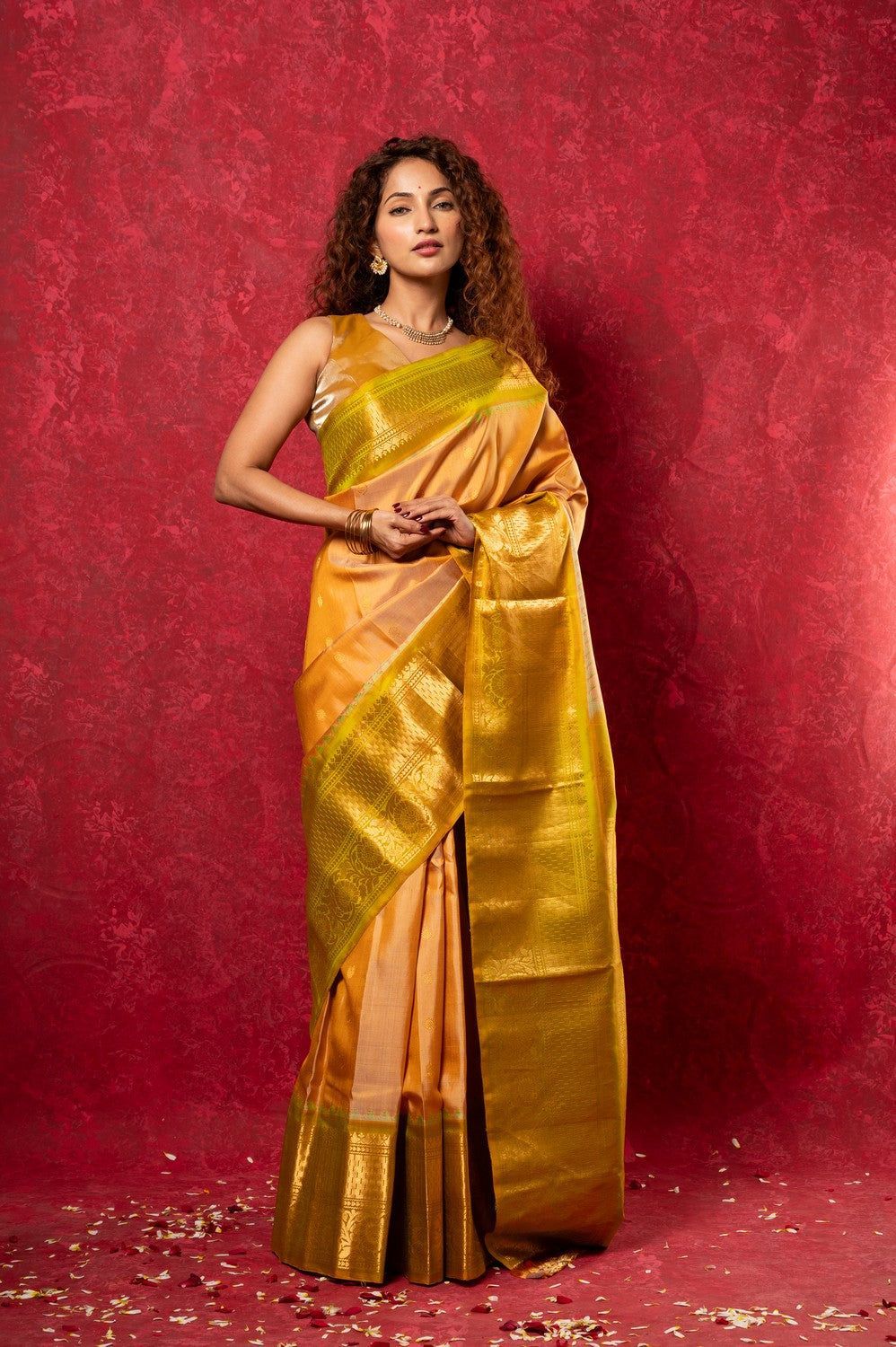 Gadwal Pure Silk Handloom Saree in Beige with Dual Tone Green Yellow Border (Limited Edition)