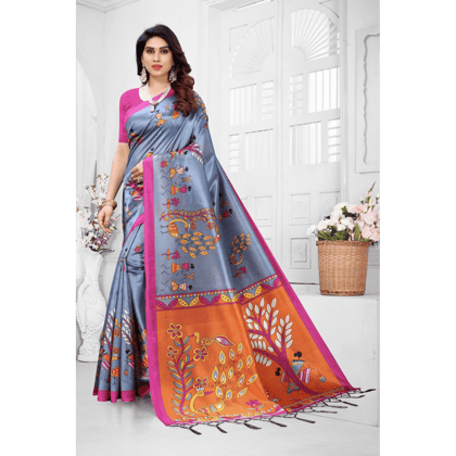 TheHangr Beautiful Art Silk Saree With Magnificent Print With Blouse Piece - Steel Grey TheHangr Beautiful Art Silk Saree With Magnificent Print With Blouse Piece - Steel Grey