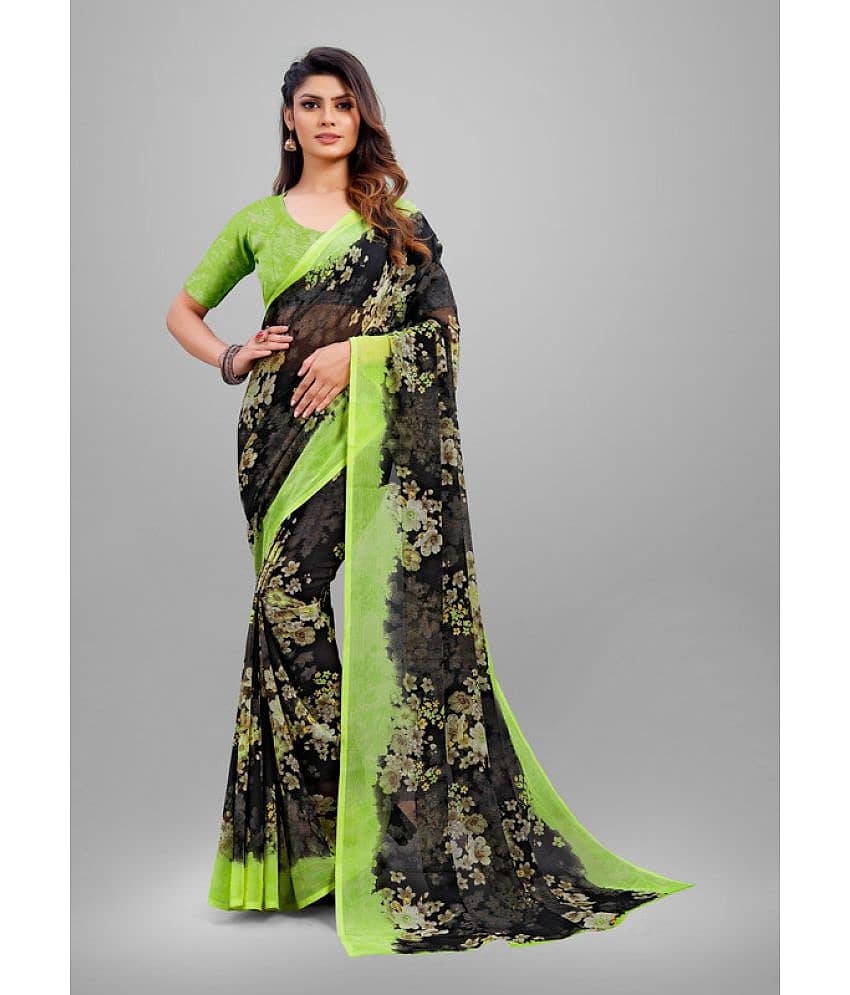 Sanjana Silks Chiffon Printed Saree With Unstitched Blouse Piece ( Green )