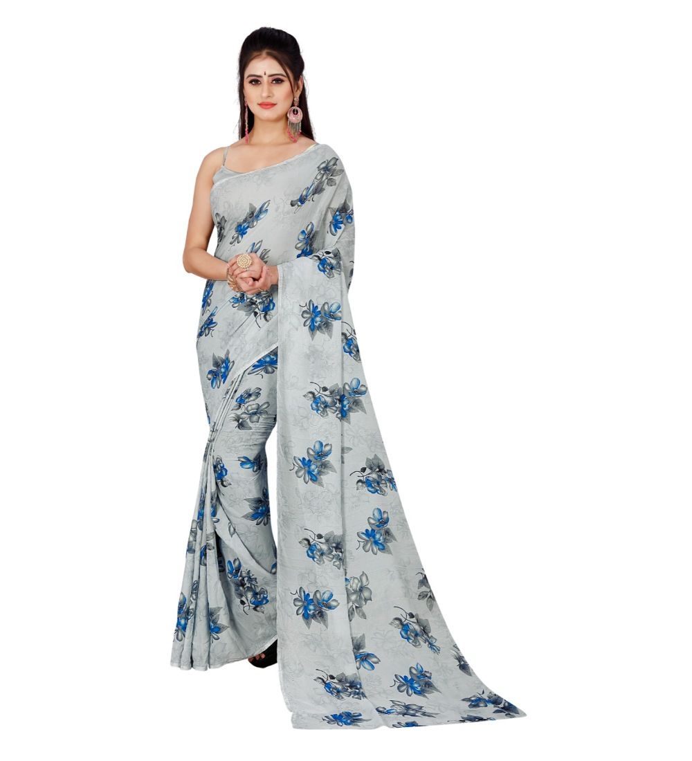 Women's Poly Georgette Printed Saree without Blouse (Cream)