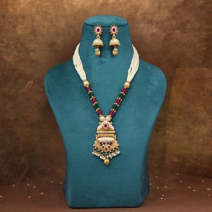 Rani & Green Color Meena Work Matte Gold Rajwadi Temple Necklace Set (TPLN703RNIGRN)-Length: 38.00 CM x Width: 1.00 CM / Green / Alloy With Good Quality Matte Gold Plated