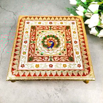 Minakari Chowki Bajot - Peacock Design - For Pooja & Mandir Decoration - 12 Inch-Design 1