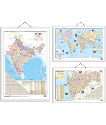 Set of 3 Indian Road Guide & Political, World Political and Maharashtra Road Guide & Political Map Educational Charts | 20"X30" inch |Non-Tearable and Waterproof | Double Sided Laminated |Useful For Preparation Of SSC, UPSC, RRB, IES, and other exams