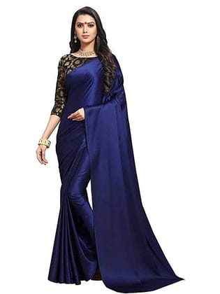 Generic Women's Satin Saree with Blouse (Navy Blue, 5 - 6 Mtrs)