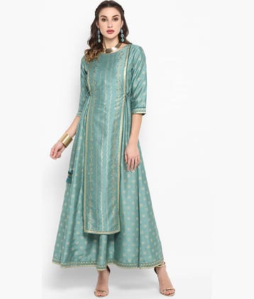 Janasya Women Silk Blend Printed Ethnic Dress ( Green )