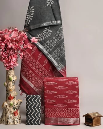 Linen Cotton Suits  Bagru Hand Block Printed Linen Suits With Zari BorderSize:-Top & Dupatta:- Linen Cotton  (2.50+2.50) mtrsBottom :-Cotton 2.50 mtrs