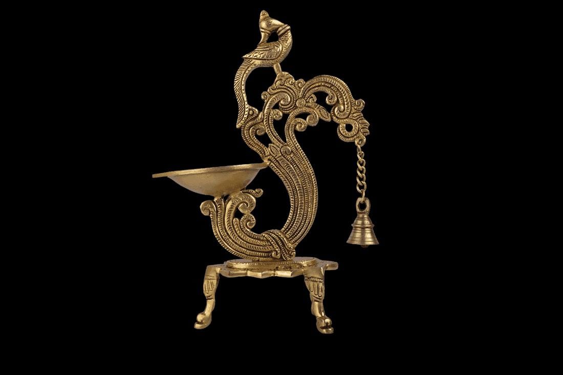 Brass Bird Diya Stand with Bell - 12 inch Height | Melodious Illumination