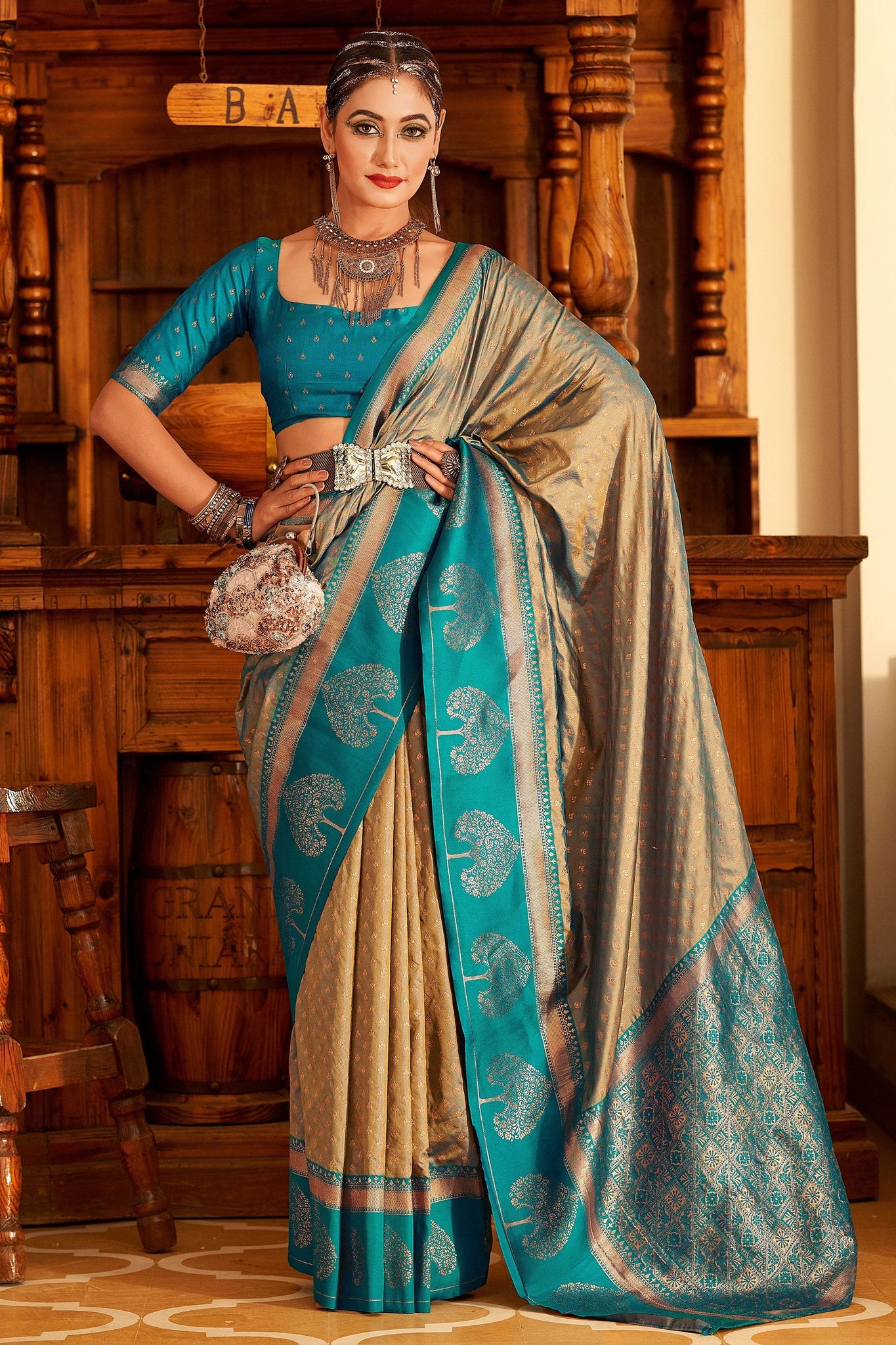 Grey Banarasi Silk Saree
