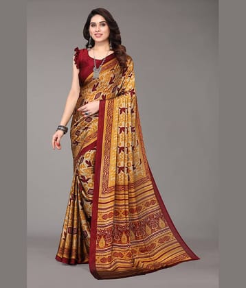 FABMORA Chiffon Printed Saree With Unstitched Blouse Piece ( Maroon )