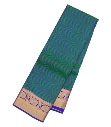 Peacock Blue Silk Saree With Floral Motifs & Purple Border-Peacock Blue