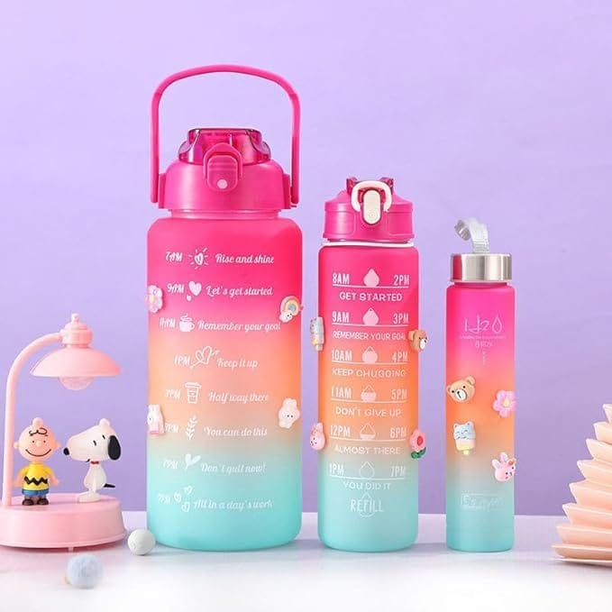 Motivational Water Bottle Combo Set (2L, 900ML, 300ML) | Gym & Office Water Bottles with Time Marker, Straw & Sipper | Reusable Leakproof Bottles for Adults (Multicolor- 3 Combo, Pack1)