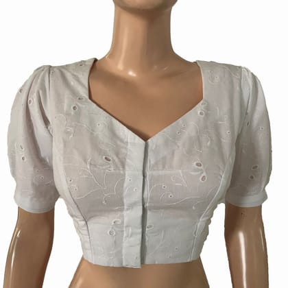 Hakoba Cotton Sweetheart  Neck Blouse with Deep Cut in Back and Puff Sleeves with Lining, White, BW1168-S