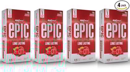 Manforce Epic Pleasure Long Lasting Premium Condoms for Men Super Thin Raspberry Flavour Disposable Pouch (10 Counts) x Pack of 4