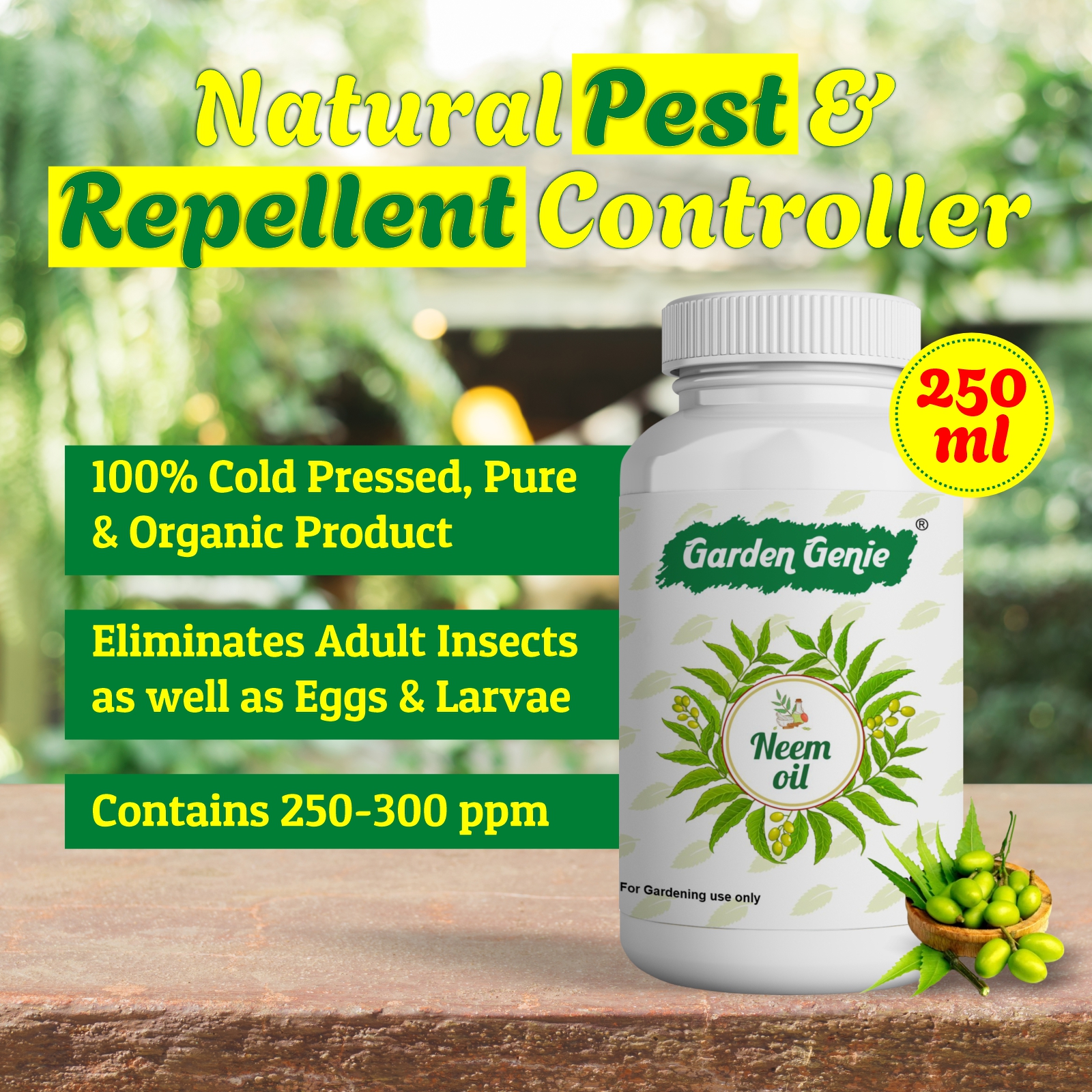 Garden Genie Neem Oil for Plants 250ml | Pure Organic Cold Pressed Water Soluble Concentrate, Makes up to 60 Litres of Ready to Use Spray