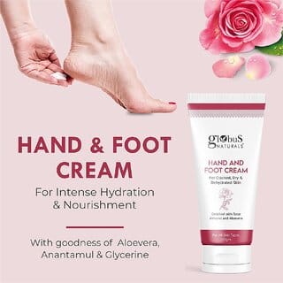 Globus Naturals Nourishing Hand & Foot Cream, Enriched with Rose & Anantmool, For Nourished, Moisturised Hands & Feet, Suitable for All Skin Types 100 gms
