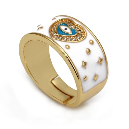 Heart Evil Eye White Enamel Gold Adjustable Free Size Band Ring Women Gift-Black