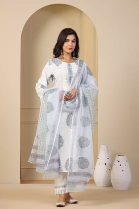 Firdous  Ishfahan Block Printed Kota Dupatta-112 X 250 CM / Blue / Purple / Blue