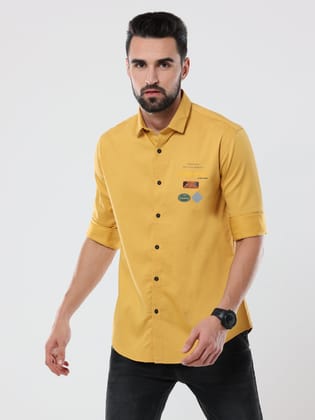 Men's Solid Yellow Dobby Slim Fit Stretchable Shirt | Rick Rogue-M/38