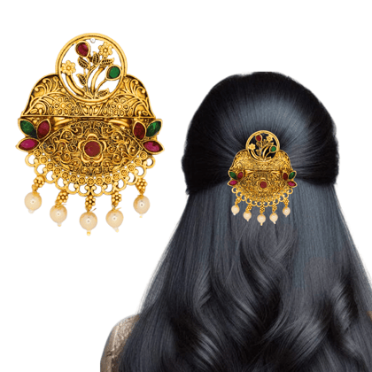 Traditional Temple Design Gold-Plated Hair Barrette Clip with Pearl Dangling Accents