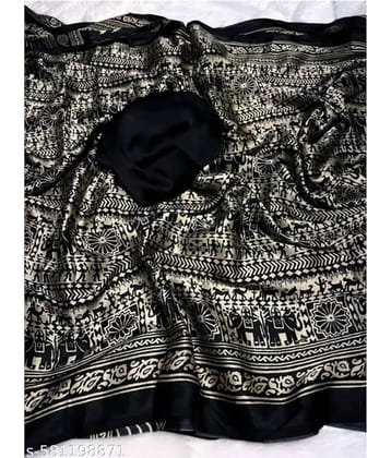 JIHANA FAB Chiffon Printed Regular Saree With Unstitched Blouse Piece ( Black )