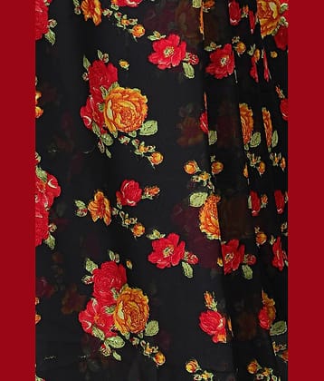 Kanooda Prints Georgette Printed Saree With Unstitched Blouse Piece ( Black )