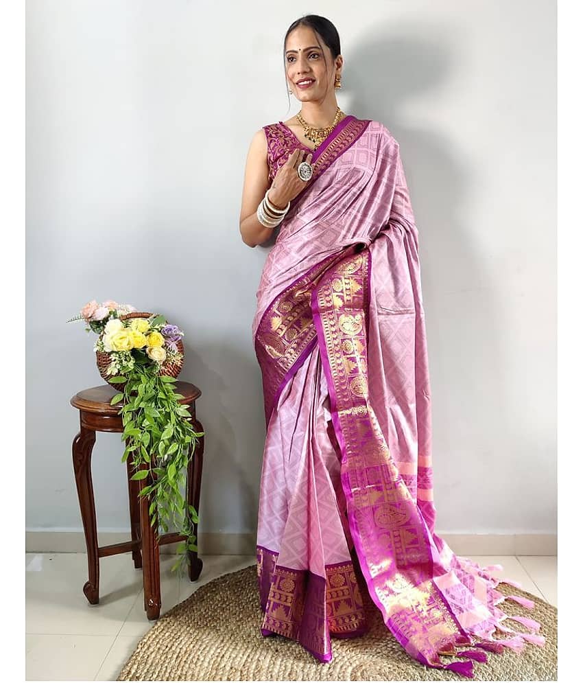 Lady Shopi Banarasi Silk Embellished Saree With Unstitched Blouse Piece ( Pink )