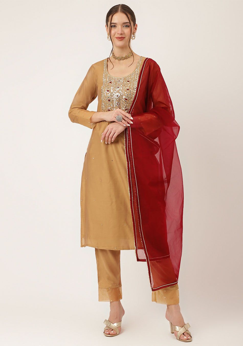 Golden Embroidered Chanderi Kurta, Trouser, and Dupatta Ensemble-XS