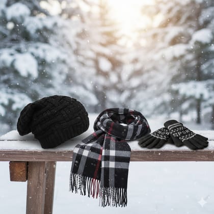 Fashion Point Black Beanie with Muffler and Gloves