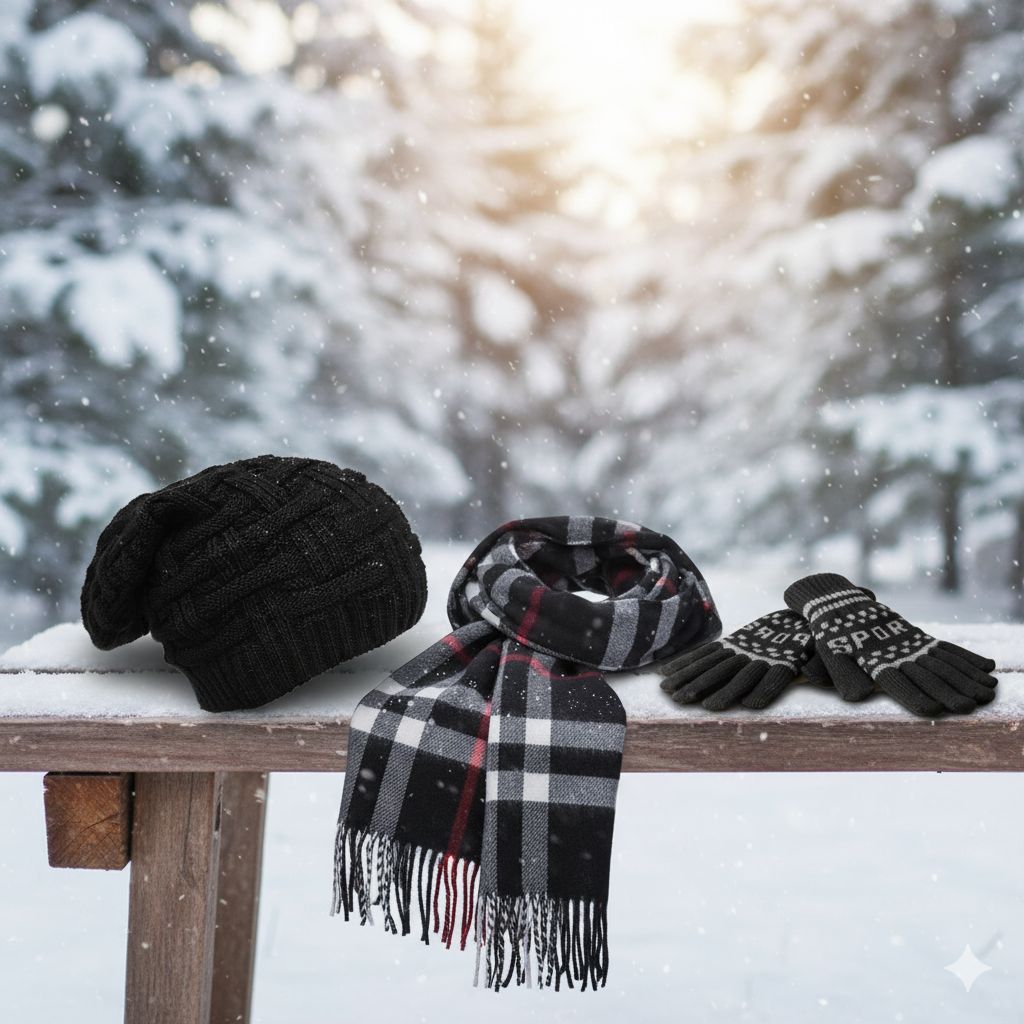 Fashion Point Black Beanie with Muffler and Gloves