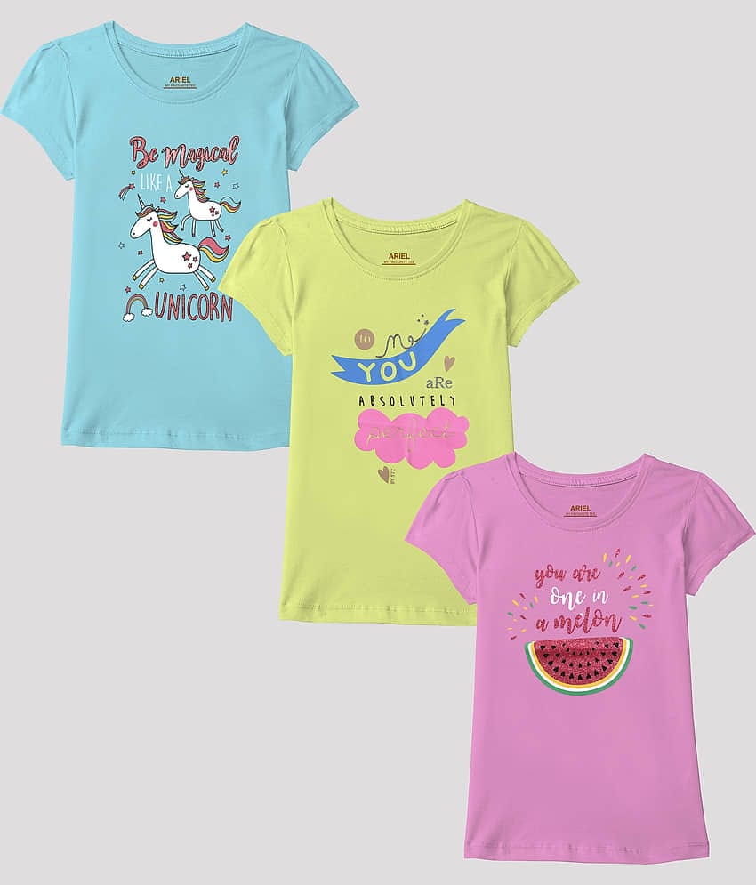 Ariel Pack of 3 Girls Cotton T-Shirt ( Multicolor )