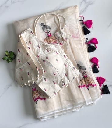 New Function Wear Chanderi Cotton Embroidery n Tussels Work Fancy Designer Saree With Stitched Blouse-Off White