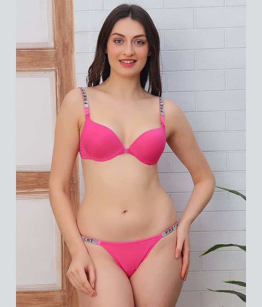 PrettyCat Pack of 1 Polyester Bra & Panty Set For Women ( Pink )