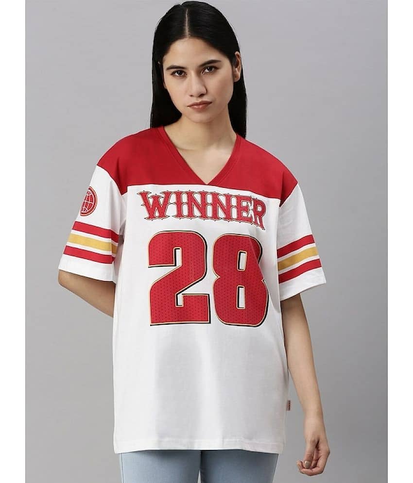 JUNEBERRY Women Cotton Printed Oversized Fit V-Neck T-Shirt ( White )