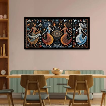 Luminary Celestial Sway – Ethereal Folk Dance Museum-Quality Cotton Canvas Art for Dining Room Décor | Frame Size (127 X 69 Cm) | Frame Type (Black) | 5-Year Warranty