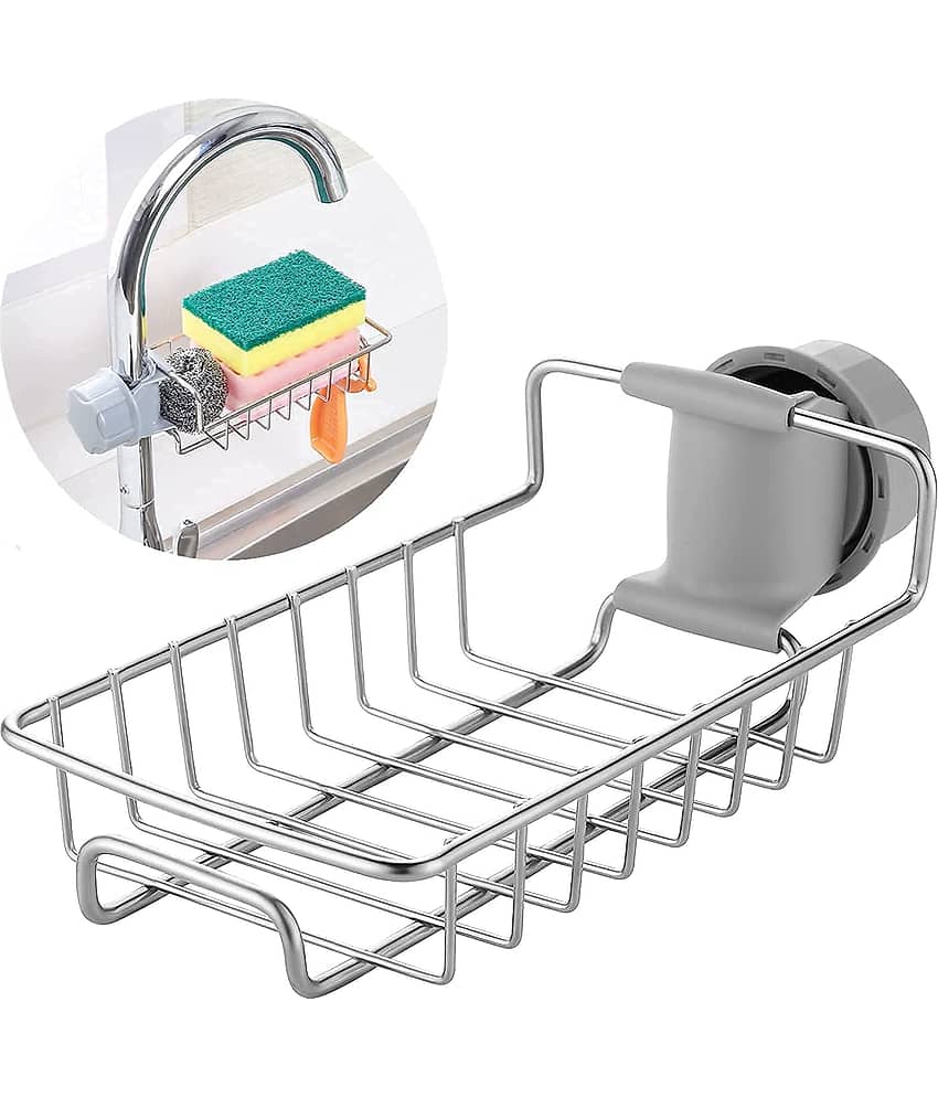 THRIFTKART - Kitchen Sink Faucet Sponge Holder Caddy Organizer Over, Stainless Steel Heavy Duty Thickening Hanging Drain Rack for scrubbers, soap, Bathroom, Detachable no Suction Cup Bathroom soap Holder(1PC)