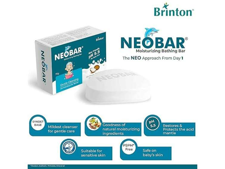 Brinton Neobar Baby Soap for Bathing Moisturizing Gentle Cleansing Skin Friendly Daily Care pH 5.5 75gm