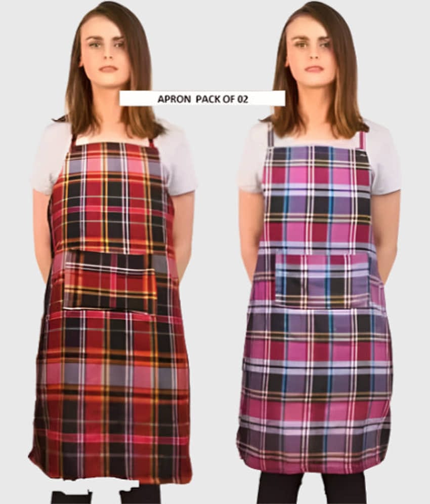 Sanraksshan Cotton Checks Kitchen Apron with 1 Center Pocket ( Pack of 2 )