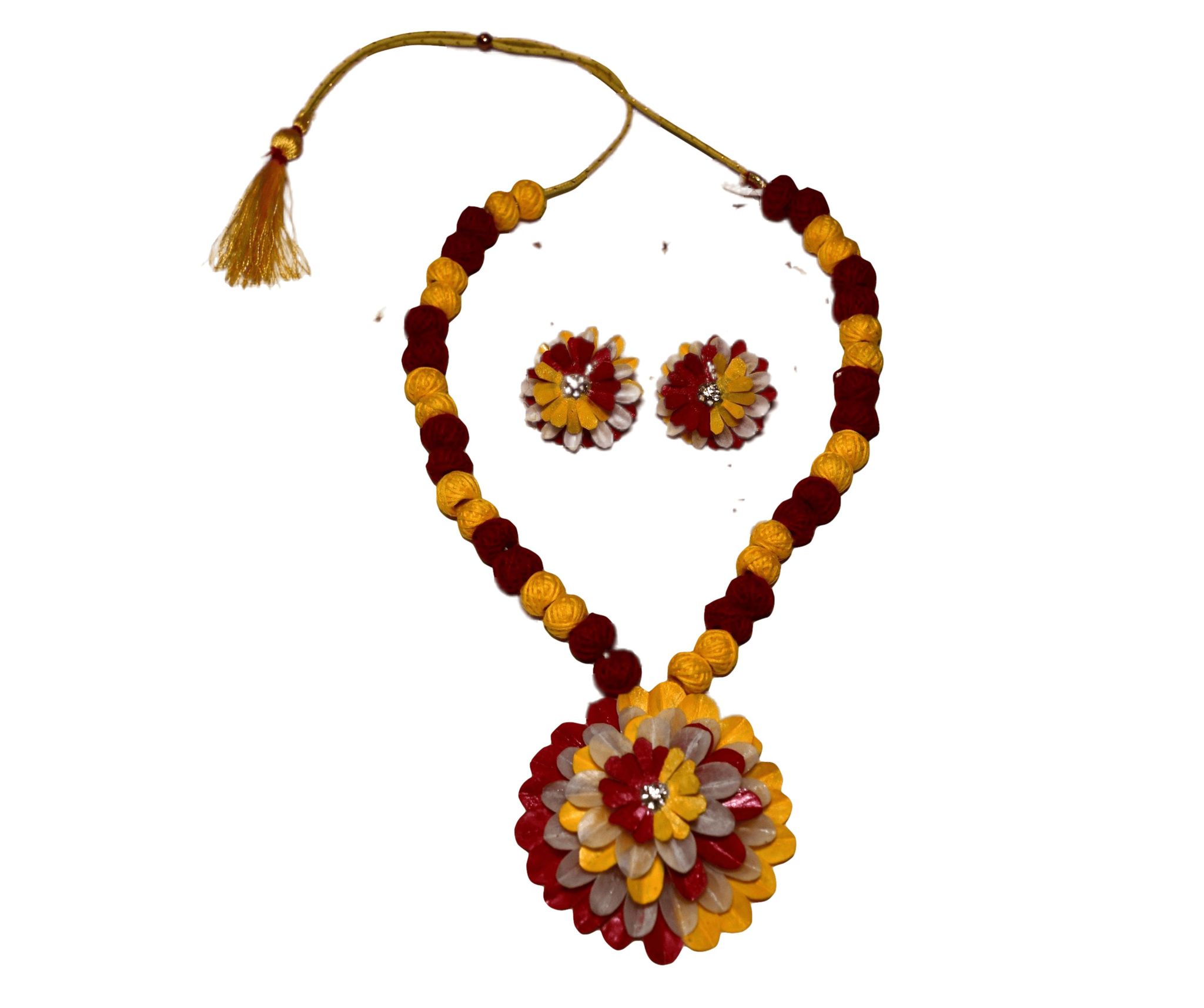 Handmade Necklace with Earrings Set | Yellow & Red | Free size