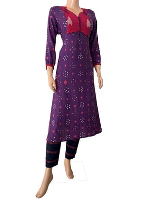 Bandhani Cotton Y neck A- Line kurta with Gathered sleeves, Ikat Patches & Button Details,  Lavender - Purple,  KP1087-S