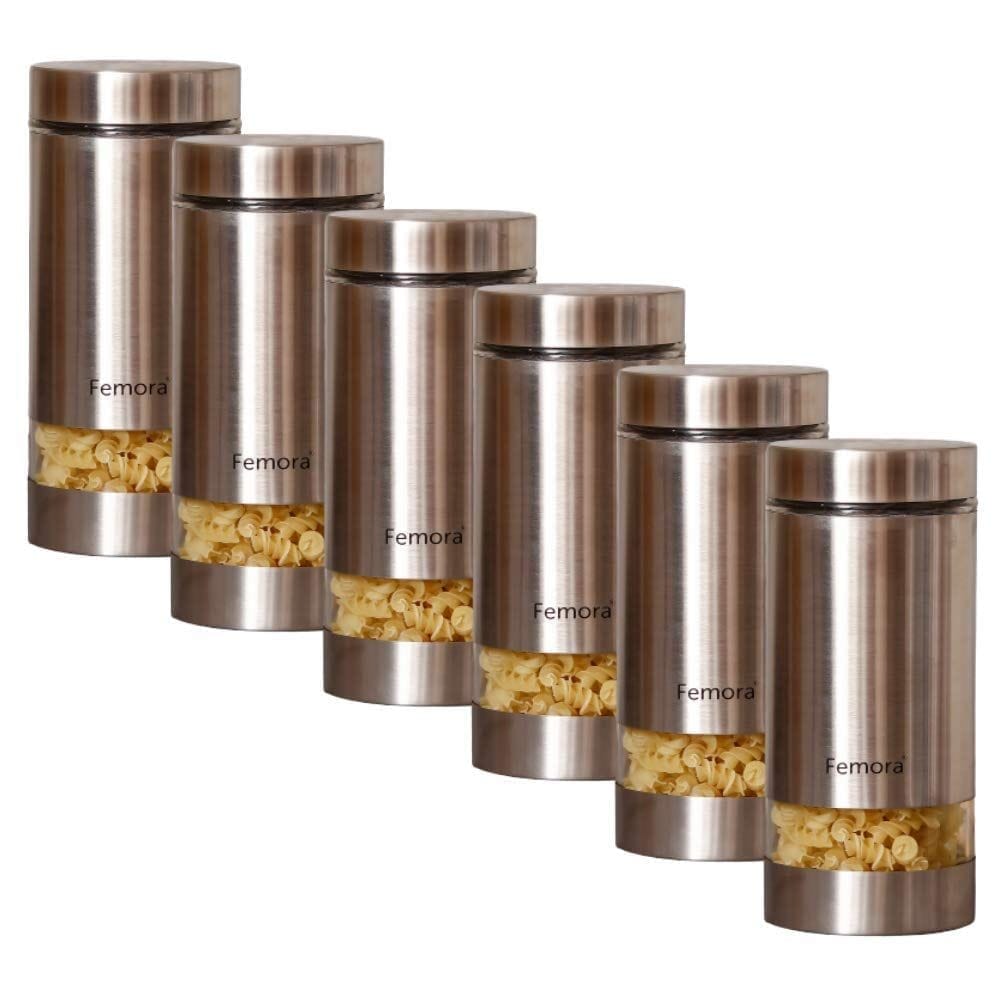 Femora Metallic Clear Glass Kitchen Storage Jars, 1300 ml, Set of 6, Free Replacement of Lids