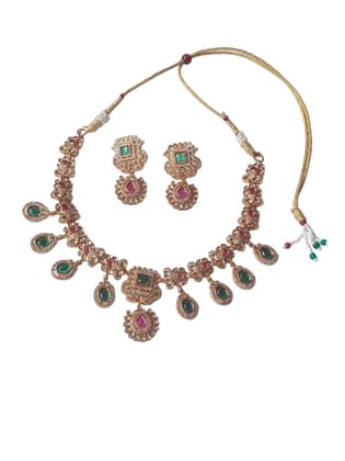 ANVAYACOLLECTIONS Traditional Indian Necklace Earrings Jewellery Set for Women, Gold Tone with Green and pink Stones, Adjustable Dori Chain