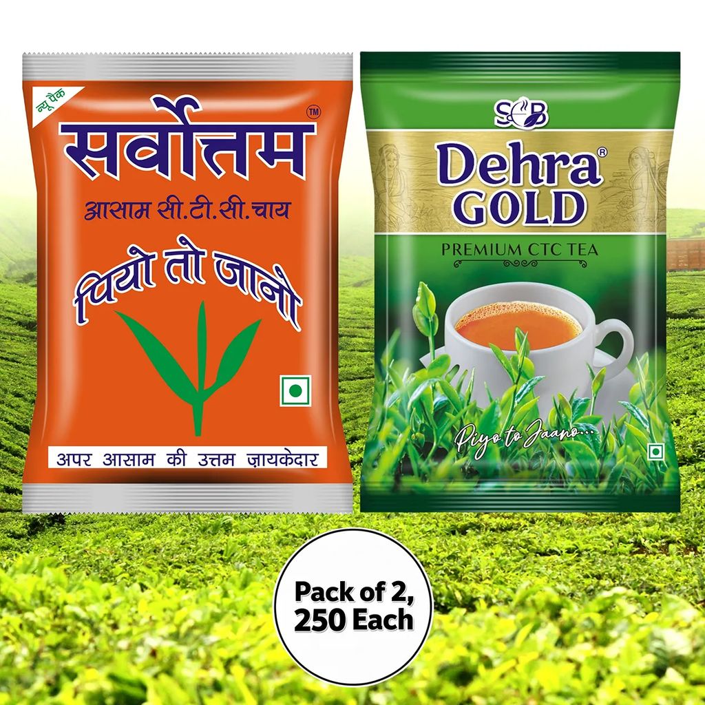 Sarvottam Premium Assam CTC & Dehra Gold Premium CTC Combo Tea Pack, 500g (Pack of 2, 250g each)