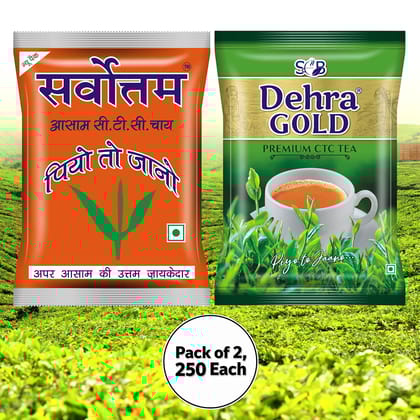 Sarvottam Premium Assam CTC & Dehra Gold Premium CTC Combo Tea Pack, 500g (Pack of 2, 250g each)