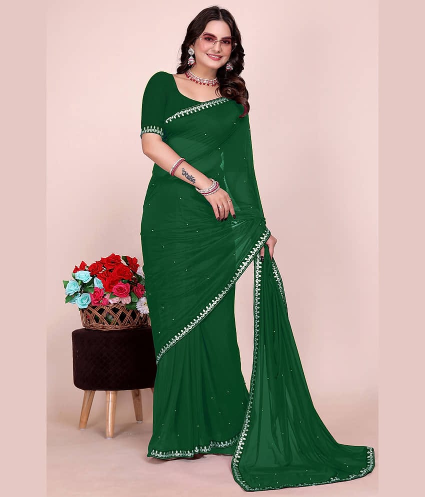 Suntex Lycra Embellished Chanderi saree With Unstitched Blouse Piece ( Green )