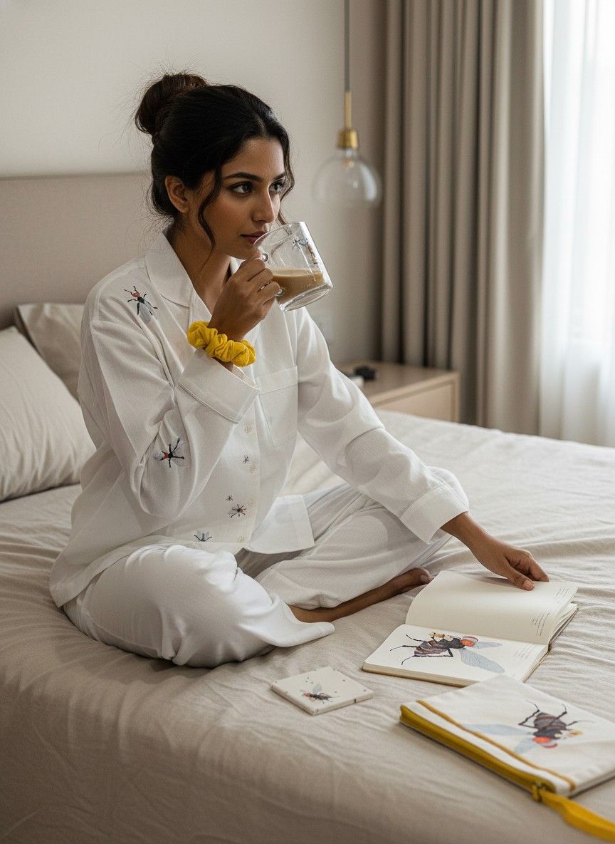 Ivvory Premium Revere Pyjama Set - Mosquito Motif (Size XS) | 100% Cotton Hand Embroidered | Night Suit