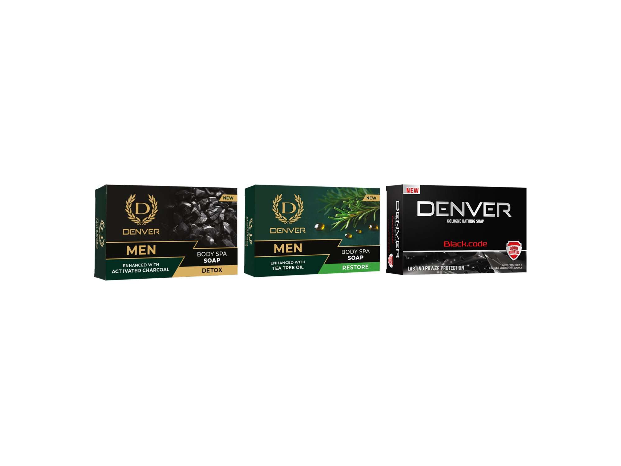 Denver Pack of 3 Soaps (Detox + Restore + Black Code Cologne) - 125gm Each