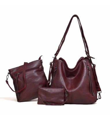 Women's PU Leather Medium Shoulder Zipper Handbag (Wine red)