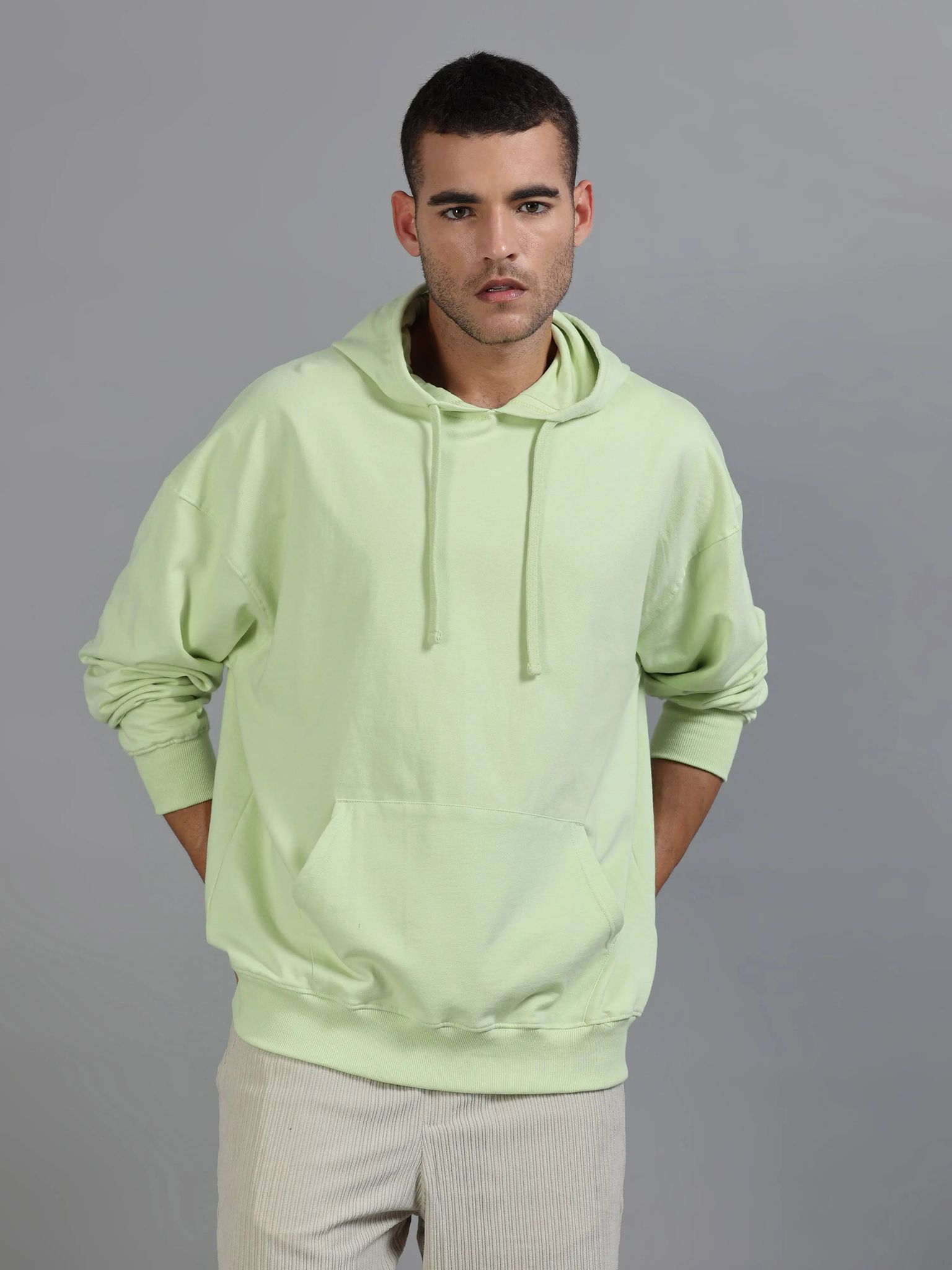Men Oversized Hoodie Pure Cotton, Light Green-XS