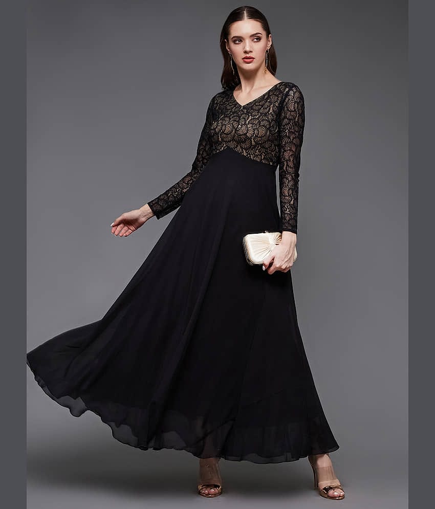 Miss Chase Women Georgette Self Design Fit & Flare Dress ( Black )